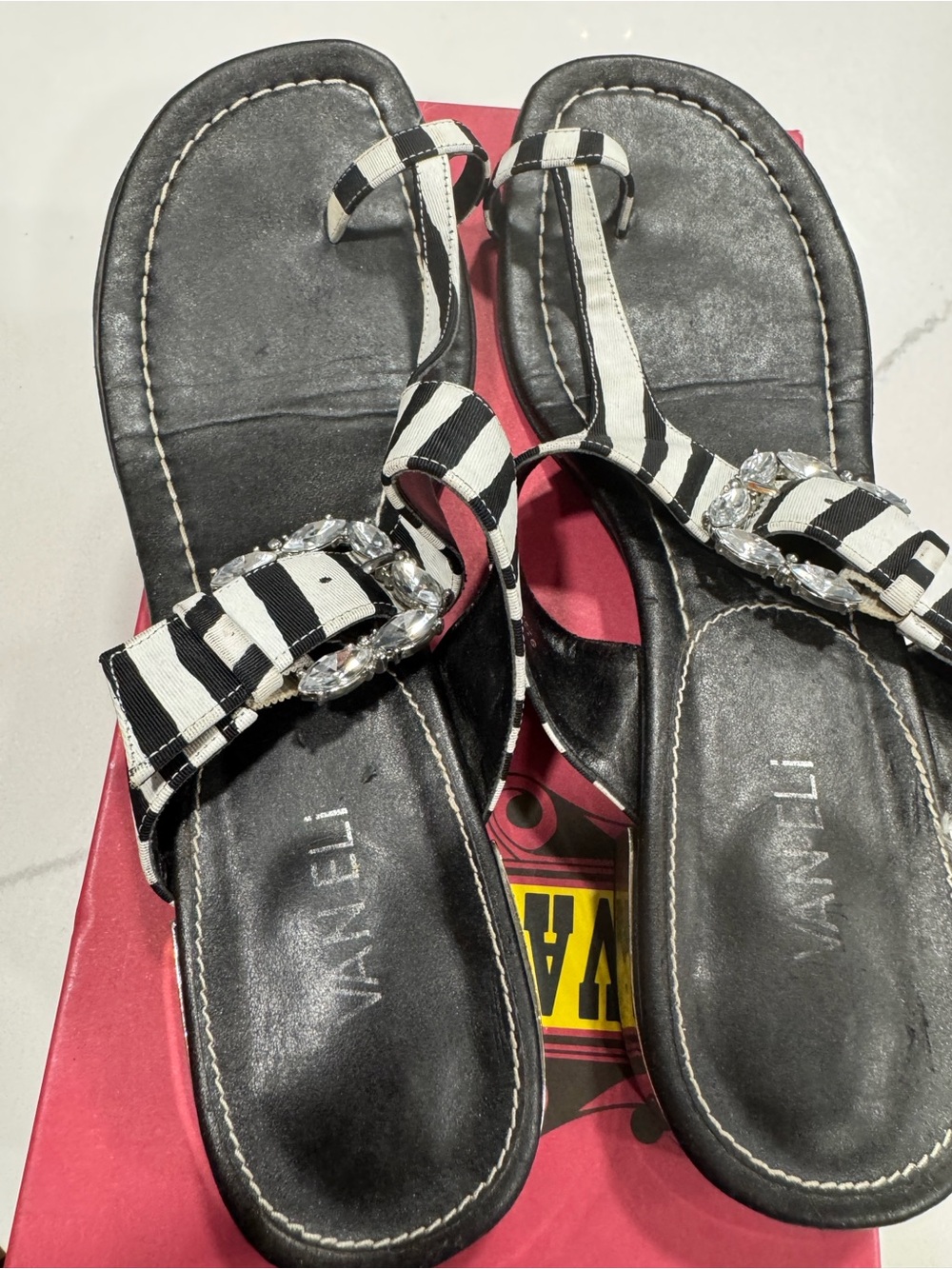 VANELi Black & White Striped Jeweled Thong Sandals